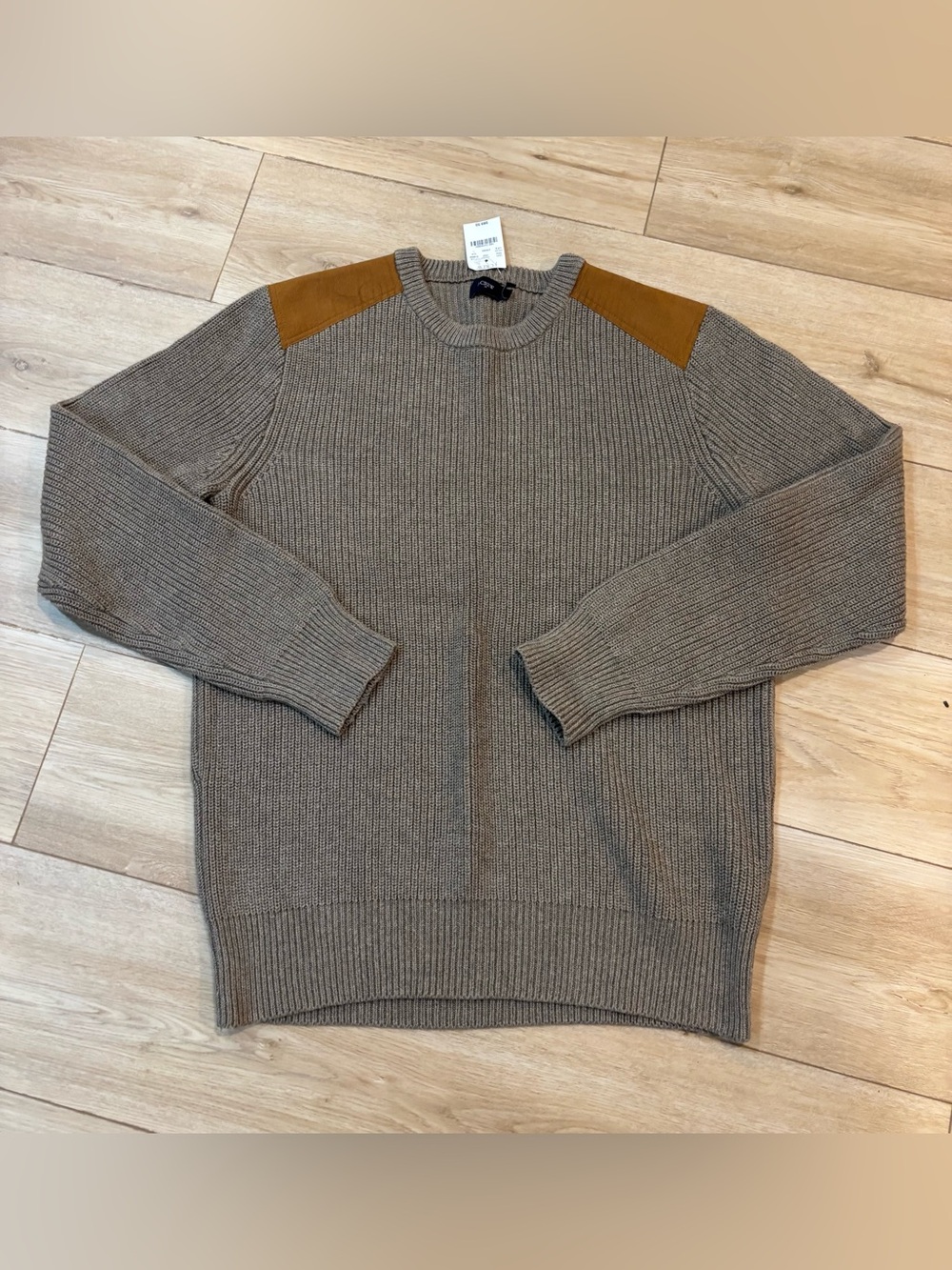J.Crew Woodsman Sweater Leather Shoulder Patches Cotton Heather Fawn Large L NWT